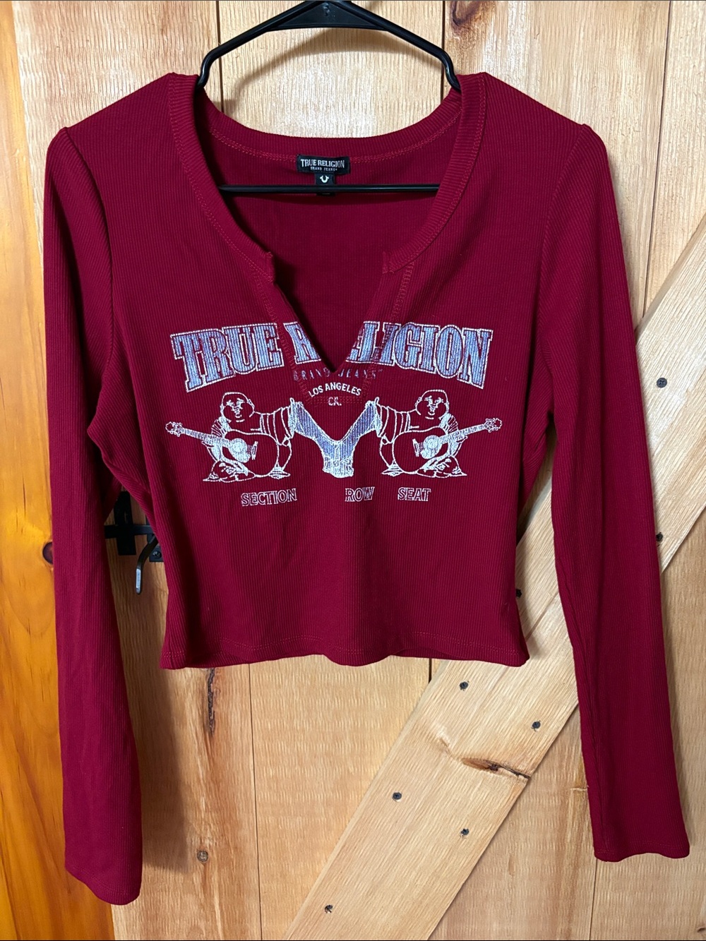 True Religion Burgundy Ribbed Long-Sleeve Crop Top with Graphic